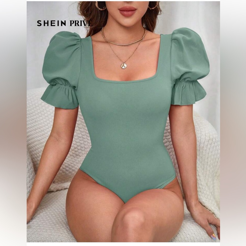 SHEIN Green Puff Sleeve Blouse